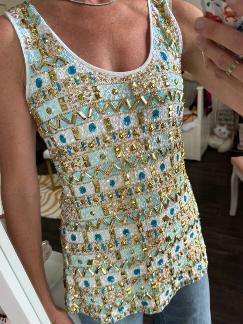 Boston Proper Beaded Sequin Tank Top Gold Aqua Resort Luxe Yacht Club Glam Sz S - Picture 1 of 7
